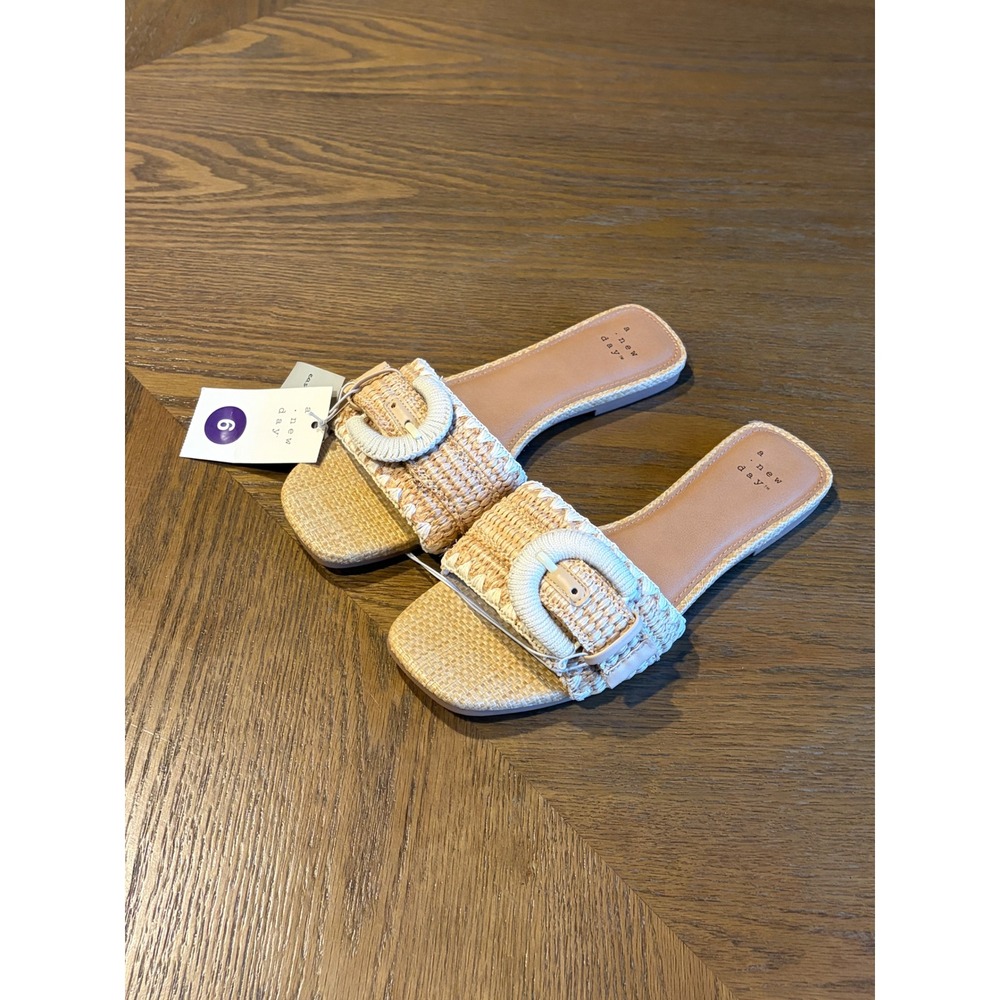 A New Day Womens Woven Raffia Slide Sandals Tan Buckle Square Toe Flat Shoes 6